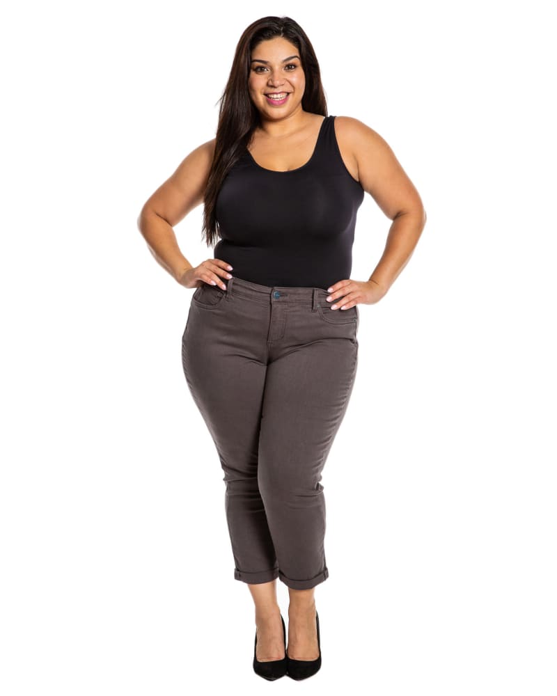 Front of a model wearing a size 12 Madelyn Mid-Rise Boyfriend Jean in CASTLEROCK by Slink Jeans. | dia_product_style_image_id:309658
